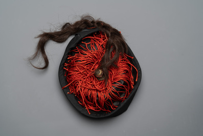 A Chinese mandarin official's court hat, an embroidered silk 'phoenix' panel and a skirt, 19th C.