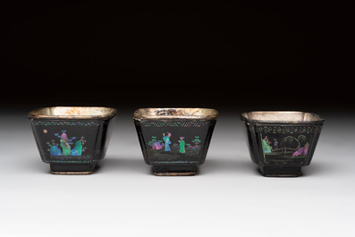 Seven Chinese silver-lined laque burgaut&eacute; wine cups and two stands, Kangxi