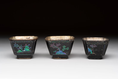 Seven Chinese silver-lined laque burgaut&eacute; wine cups and two stands, Kangxi