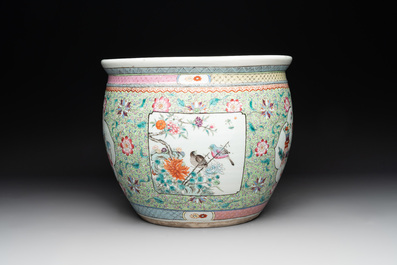 A Chinese famille rose lime-green-ground jardini&egrave;re with birds, flowers and antiquities, 19th C.