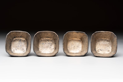 Seven Chinese silver-lined laque burgaut&eacute; wine cups and two stands, Kangxi