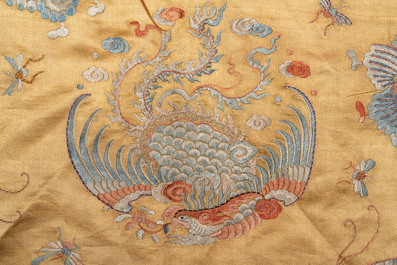 A Chinese mandarin official's court hat, an embroidered silk 'phoenix' panel and a skirt, 19th C.
