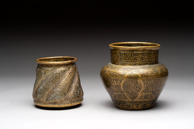 Three 'calligraphic' brass vessels, Qajar, 19/20th C.