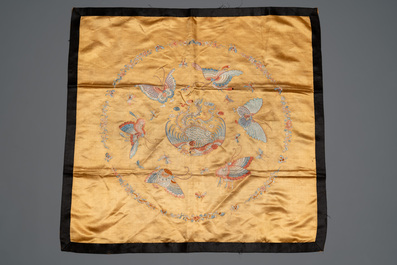 A Chinese mandarin official's court hat, an embroidered silk 'phoenix' panel and a skirt, 19th C.