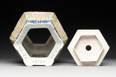 A Chinese famille rose yellow-ground hexagonal lantern and stand, Republic