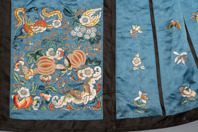 A Chinese mandarin official's court hat, an embroidered silk 'phoenix' panel and a skirt, 19th C.