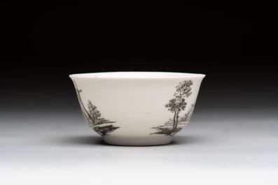 A Chinese grisaille 'Hoorn, Aspen and Valkenburg' cup and saucer, Qianlong