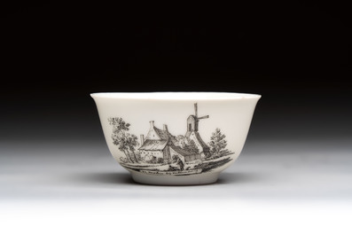 A Chinese grisaille 'Hoorn, Aspen and Valkenburg' cup and saucer, Qianlong
