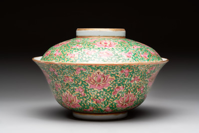 A large Chinese Canton famille rose 'lotus' Bencharong bowl and cover for the Thai market, 19th C.