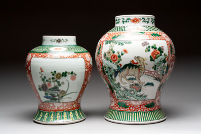 Two Chinese famille verte 'flowers and mythical animals' vases, 19th C.