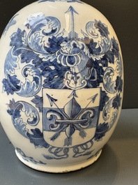 A blue and white Dutch Delft pewter-mounted armorial jug, late 17th C.