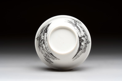 A Chinese grisaille 'Hoorn, Aspen and Valkenburg' cup and saucer, Qianlong