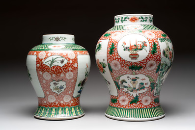 Two Chinese famille verte 'flowers and mythical animals' vases, 19th C.