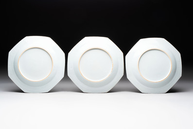 A set of five Chinese famille rose armorial plates with the arms of Simpson impaling Brydges for the English market, Qianlong, ca. 1760