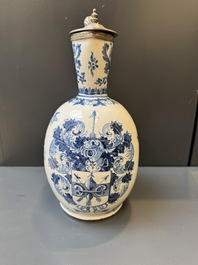 A blue and white Dutch Delft pewter-mounted armorial jug, late 17th C.