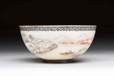 A Chinese 'snowscape' eggshell bowl on wooden stand, Qianlong mark, Republic