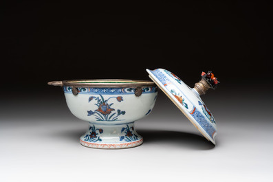 A rare Chinese silver-mounted doucai bowl and cover, Kangxi/Yongzheng