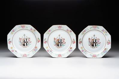 A set of five Chinese famille rose armorial plates with the arms of Simpson impaling Brydges for the English market, Qianlong, ca. 1760