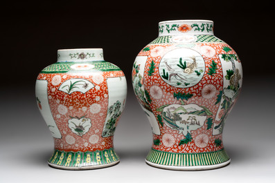 Two Chinese famille verte 'flowers and mythical animals' vases, 19th C.