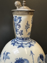 A blue and white Dutch Delft pewter-mounted armorial jug, late 17th C.