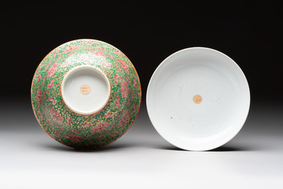 A large Chinese Canton famille rose 'lotus' Bencharong bowl and cover for the Thai market, 19th C.