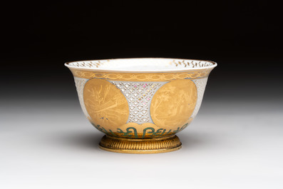 A Chinese European-decorated gilt bronze-mounted blue and white reticulated bowl, Transitional period