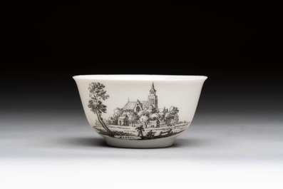 A Chinese grisaille 'Hoorn, Aspen and Valkenburg' cup and saucer, Qianlong