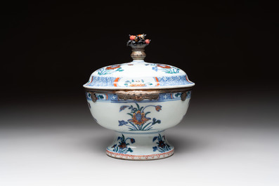 A rare Chinese silver-mounted doucai bowl and cover, Kangxi/Yongzheng