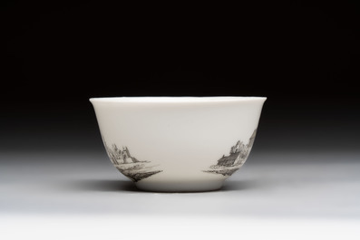 A Chinese grisaille 'Castricum, Blaricum and Workum' cup and saucer, Qianlong
