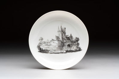A Chinese grisaille 'Hoorn, Aspen and Valkenburg' cup and saucer, Qianlong