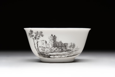 A Chinese grisaille 'Haarlem, Leersum and Liesveld' cup and saucer, Qianlong