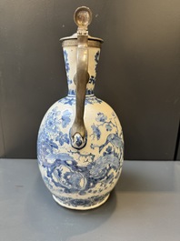 A blue and white Dutch Delft pewter-mounted armorial jug, late 17th C.