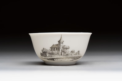 A Chinese grisaille 'Castricum, Blaricum and Workum' cup and saucer, Qianlong