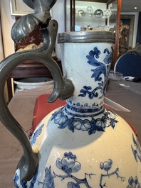 A blue and white Dutch Delft pewter-mounted armorial jug, late 17th C.