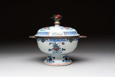 A rare Chinese silver-mounted doucai bowl and cover, Kangxi/Yongzheng