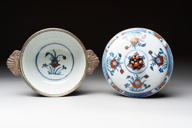 A rare Chinese silver-mounted doucai bowl and cover, Kangxi/Yongzheng