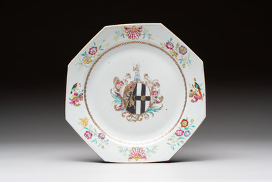 A set of five Chinese famille rose armorial plates with the arms of Simpson impaling Brydges for the English market, Qianlong, ca. 1760