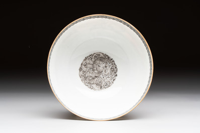 A Chinese 'snowscape' eggshell bowl on wooden stand, Qianlong mark, Republic
