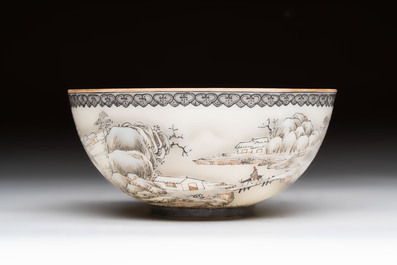 A Chinese 'snowscape' eggshell bowl on wooden stand, Qianlong mark, Republic