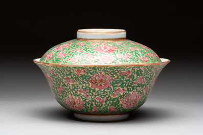A large Chinese Canton famille rose 'lotus' Bencharong bowl and cover for the Thai market, 19th C.