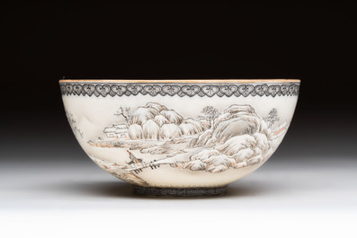 A Chinese 'snowscape' eggshell bowl on wooden stand, Qianlong mark, Republic