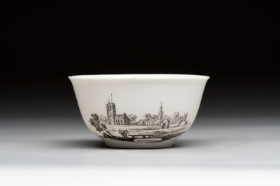 A Chinese grisaille 'Castricum, Blaricum and Workum' cup and saucer, Qianlong