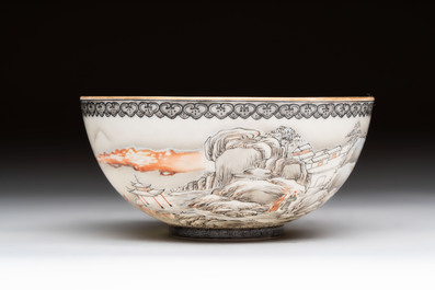 A Chinese 'snowscape' eggshell bowl on wooden stand, Qianlong mark, Republic
