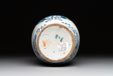 A blue and white Dutch Delft pewter-mounted armorial jug, late 17th C.