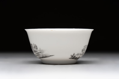A Chinese grisaille 'Haarlem, Leersum and Liesveld' cup and saucer, Qianlong