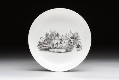 A Chinese grisaille 'Haarlem, Leersum and Liesveld' cup and saucer, Qianlong