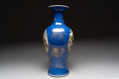 A Chinese famille rose powder-blue-ground vase, 19th C.