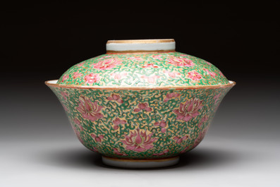 A large Chinese Canton famille rose 'lotus' Bencharong bowl and cover for the Thai market, 19th C.