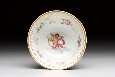 A Chinese European-decorated gilt bronze-mounted blue and white reticulated bowl, Transitional period