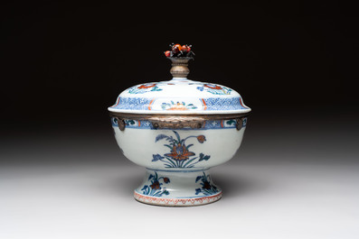 A rare Chinese silver-mounted doucai bowl and cover, Kangxi/Yongzheng
